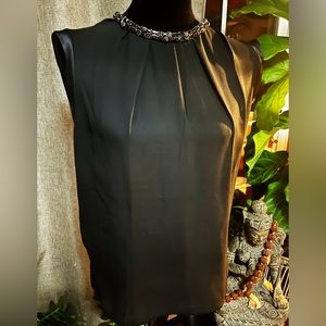 Sleeveless Bejeweled Neck Silk Top